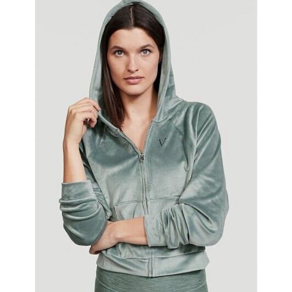 Victoria's Secret Womens M Velvet Velour Full Zip Hoodie Seafoam Aqua Green Soft
